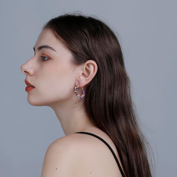 Colorful Beaded Floral Hoop Earrings for Women, Lightweight Stainless Steel Boho - Picture 3 of 6